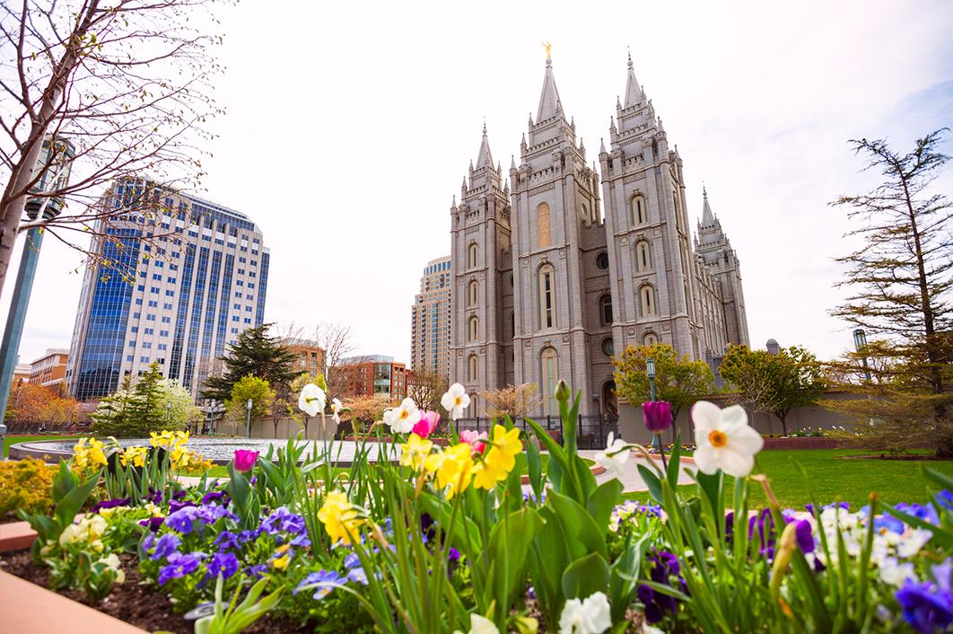 Views of traditional Mormon temples and modern buildings in Salt Lake City, Utah
