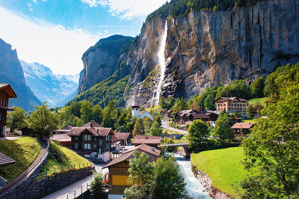 The towering waterfall over the village of Lauterbrunnen, Switzerland