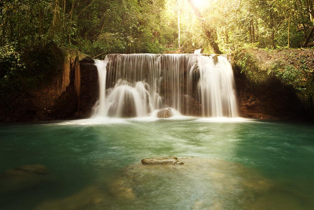 YS Falls surrounded by lush greenery and sun peaking through 