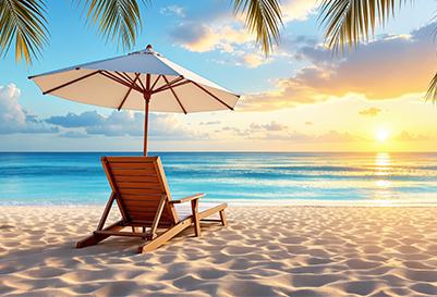 A wooden beach chair with a white umbrella sits on a sandy beach, facing the ocean at sunset. Palm fronds frame the top of the image.