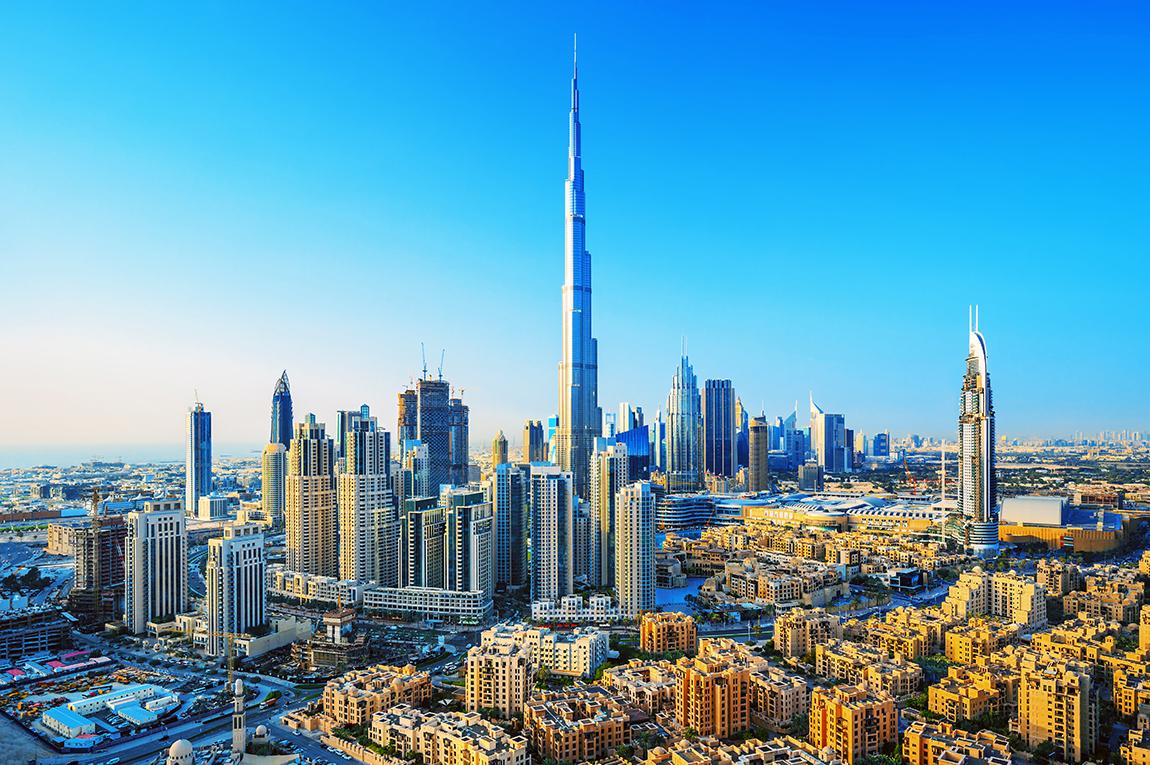 Dubai’s city skyline bordered by the arabian desert