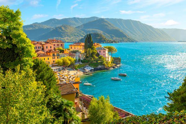 The coastline of the picturesque and colorful village of Varenna, Italy, on the shores of Lake Como in the Lombardy Lake District of Northern Italy.