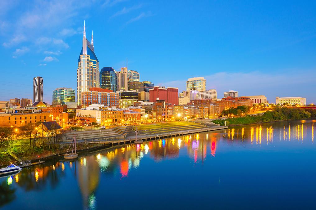 Nashville’s skyline from the river in the evening