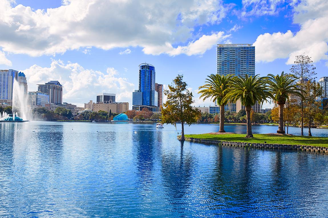 Sunny views of orlando’s city with fountains and palm trees