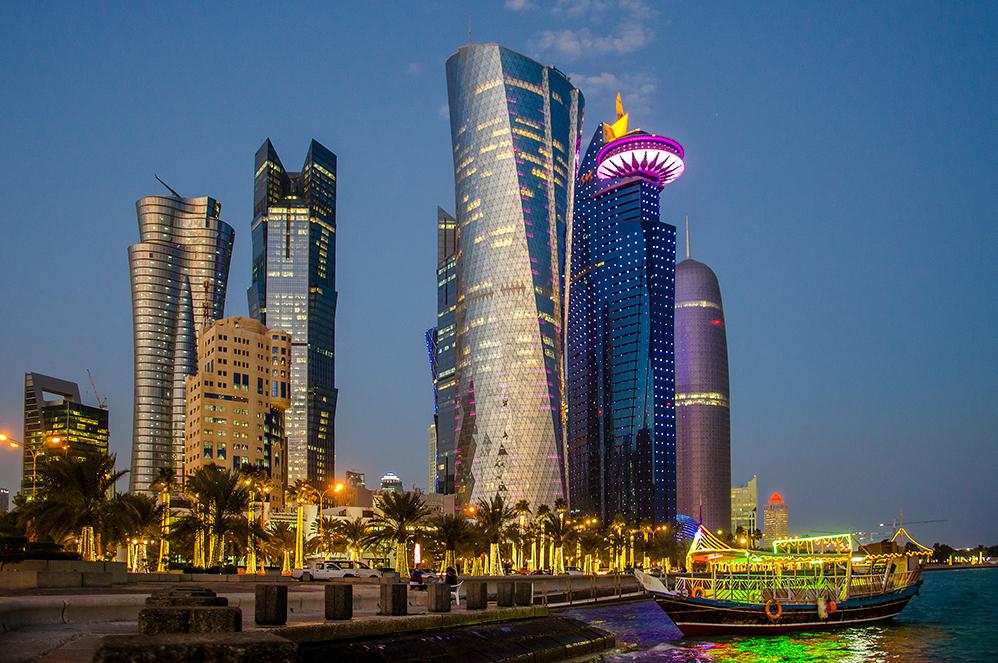 The Doha, Qatar skyline after sunset
