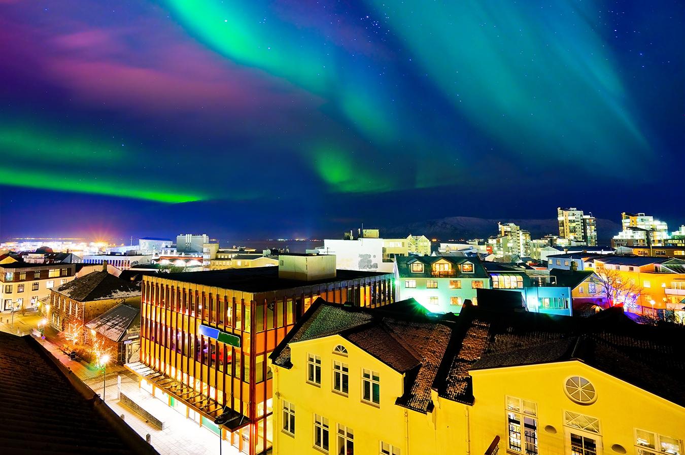Views of the northern lights over Reykjavik Iceland
