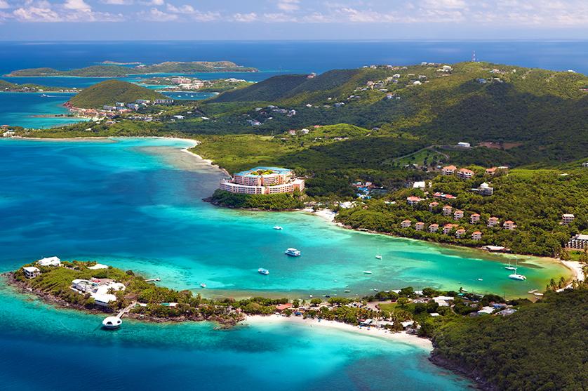Aerial view of the coastline with beaches in St. Thomas, US Virgin Islands