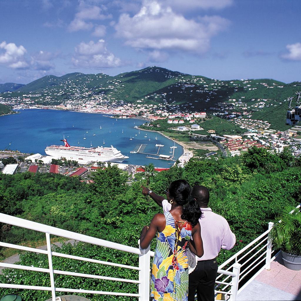 Couple overlooking the harbor and cruise ships in St. Thomas
