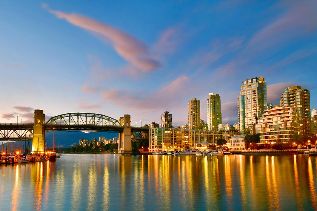 Beautiful evening views of the Vancouver skyline and Burrad Bridge