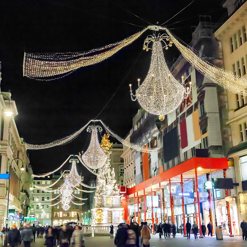 Views of streets strung with holiday lights on a Vienna tour
