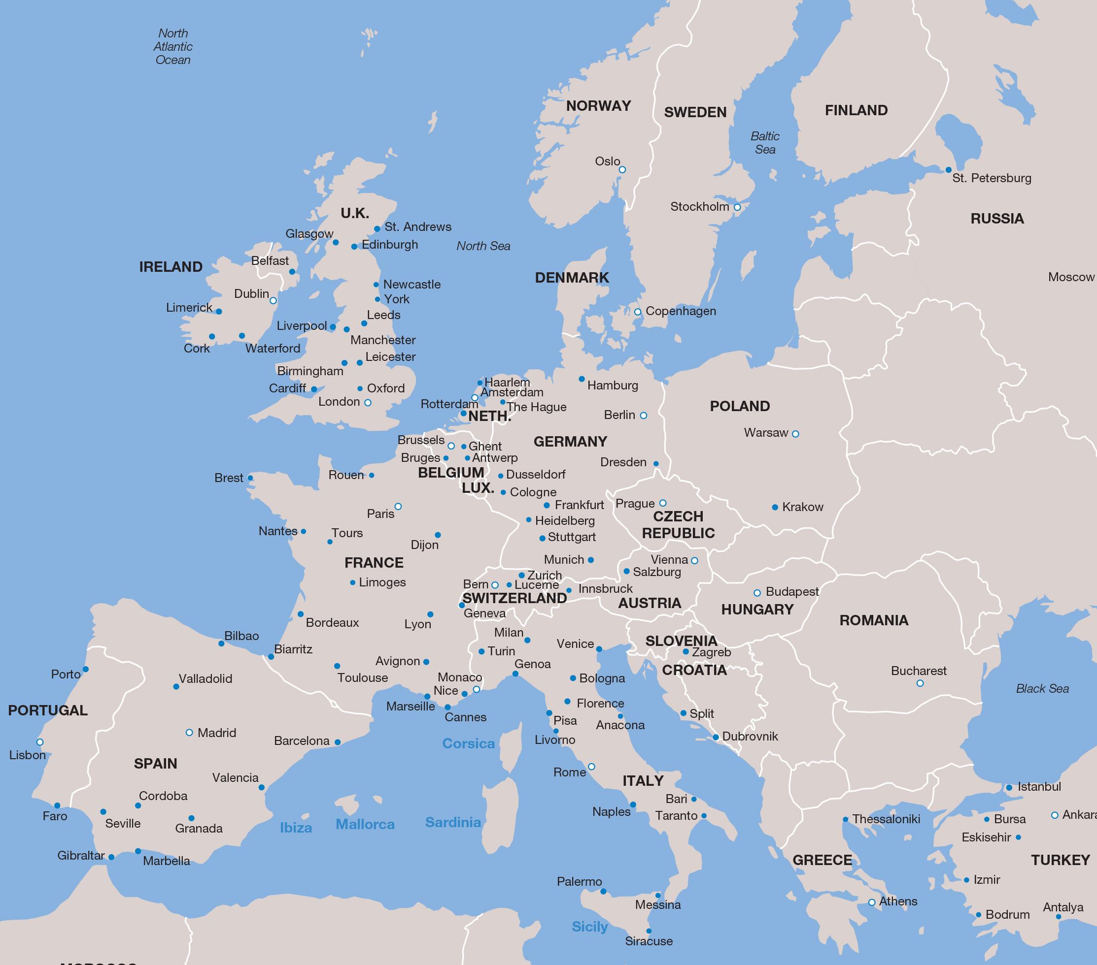 Map of European countries and cities