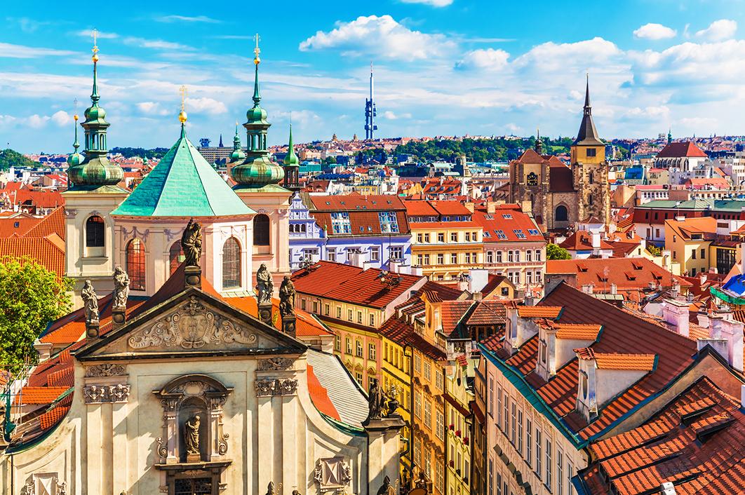 Views of medieval rooftops in Prague